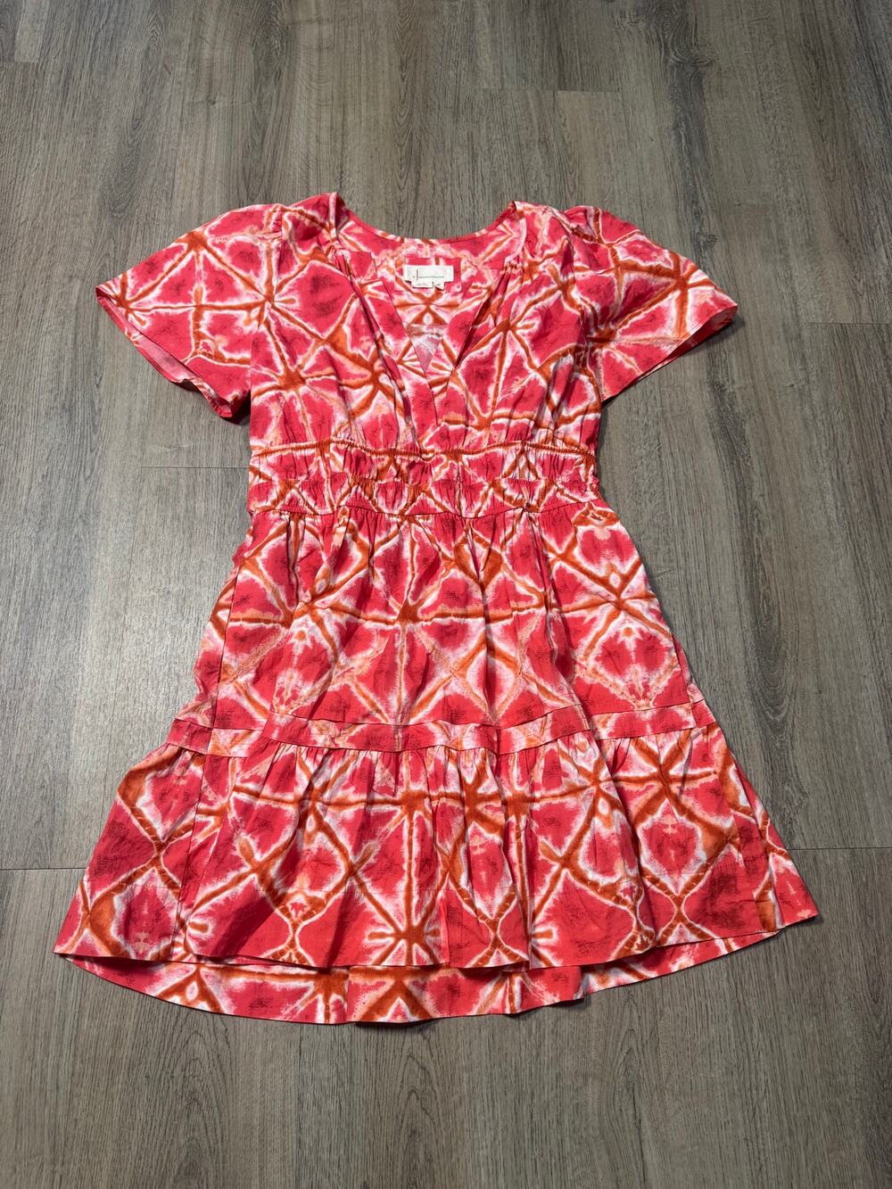 Anthropologie Women's Cotton Coral Pink Tie-Dye Smocked Waist Dress